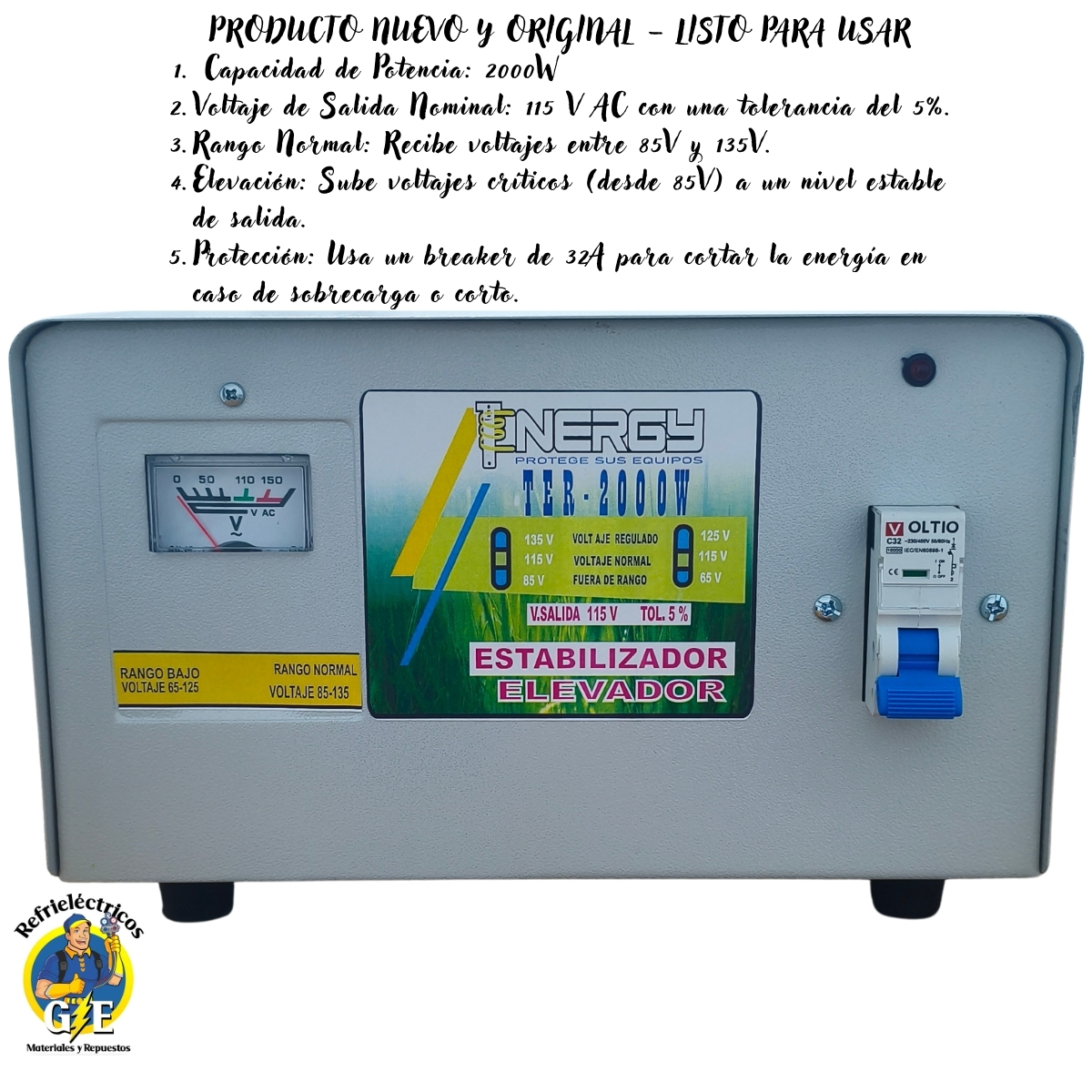 Estabilizador Elevador de Voltaje Tenergy 2000W - Protector de Voltaje Profesional para Neveras y Lavadoras (Modelo TER-2000W) - Imagen 2