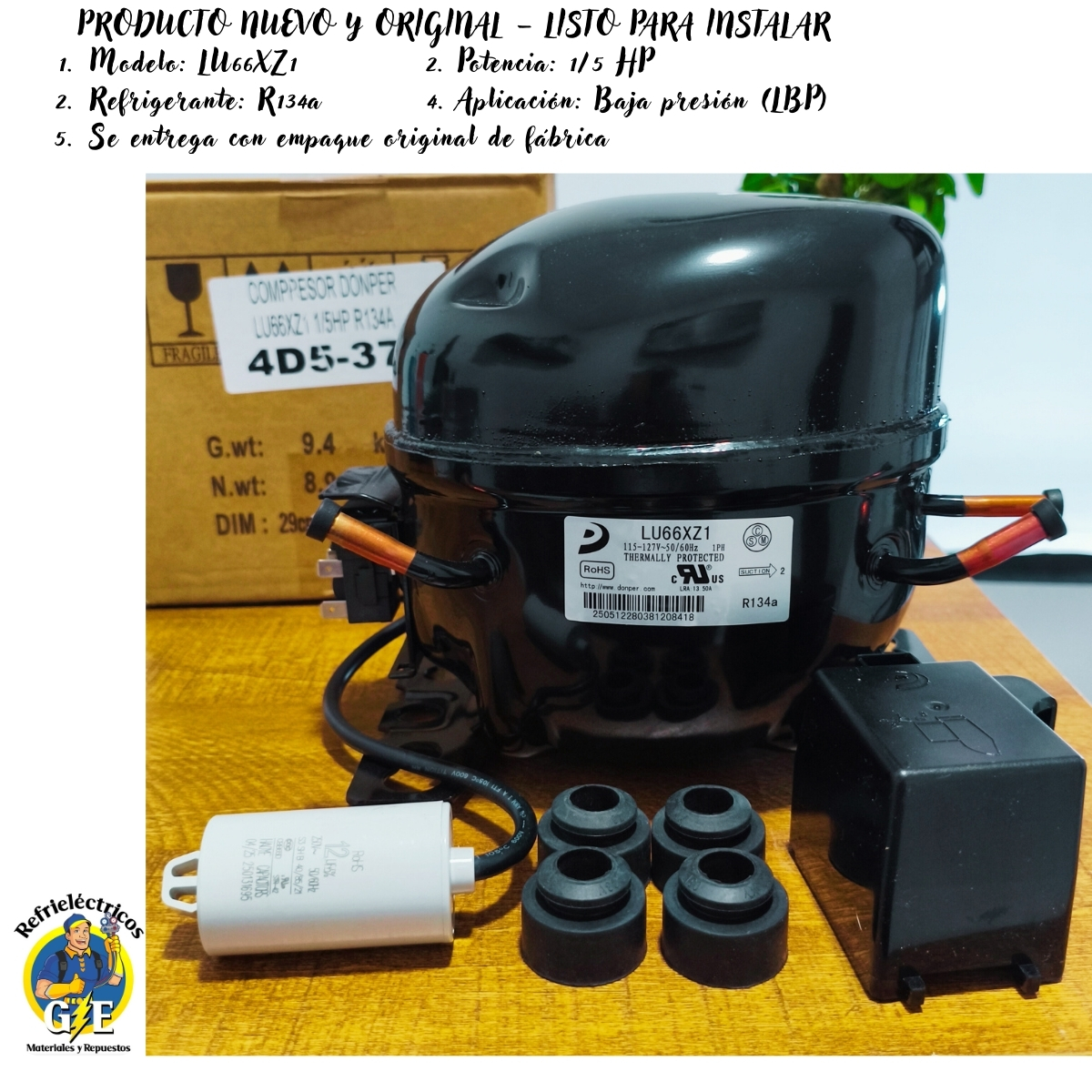Compresor Nevera 1/5 HP Donper Original - Motor de Refrigeración R134a 110V (Modelo LU66XZ1) - Imagen 2