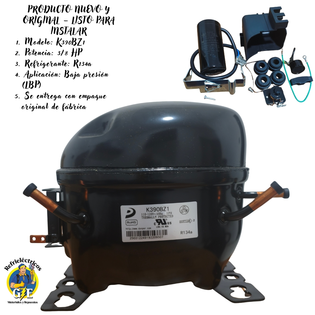 Compresor Nevera 3/8 HP Donper Original - Motor de Refrigeración R134a 110V (Modelo K390BZ1) - Imagen 2
