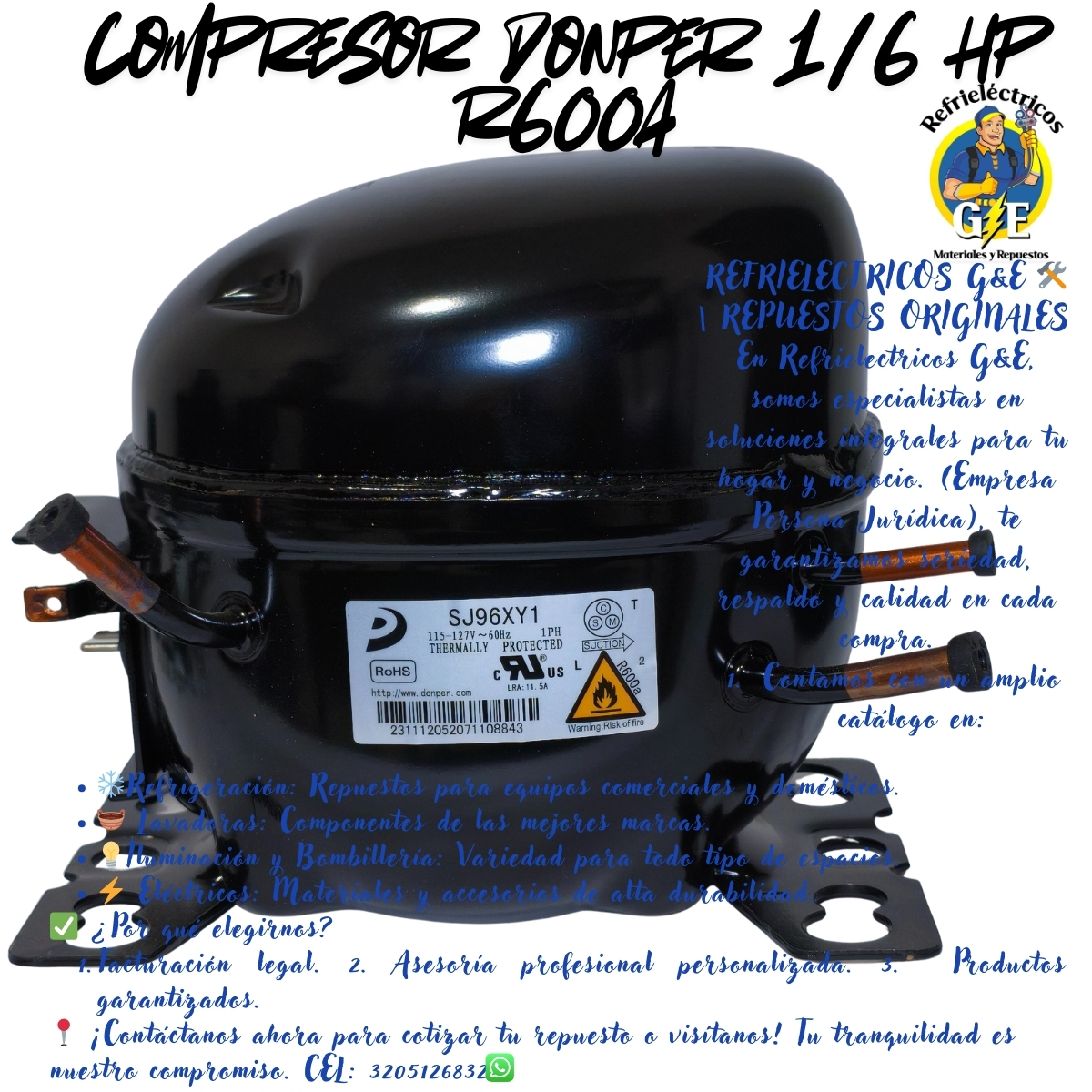 Compresor Nevera 1/6 HP Donper Original - Motor de Refrigeración R600a 110V (Modelo SJ96XY1) - Imagen 12
