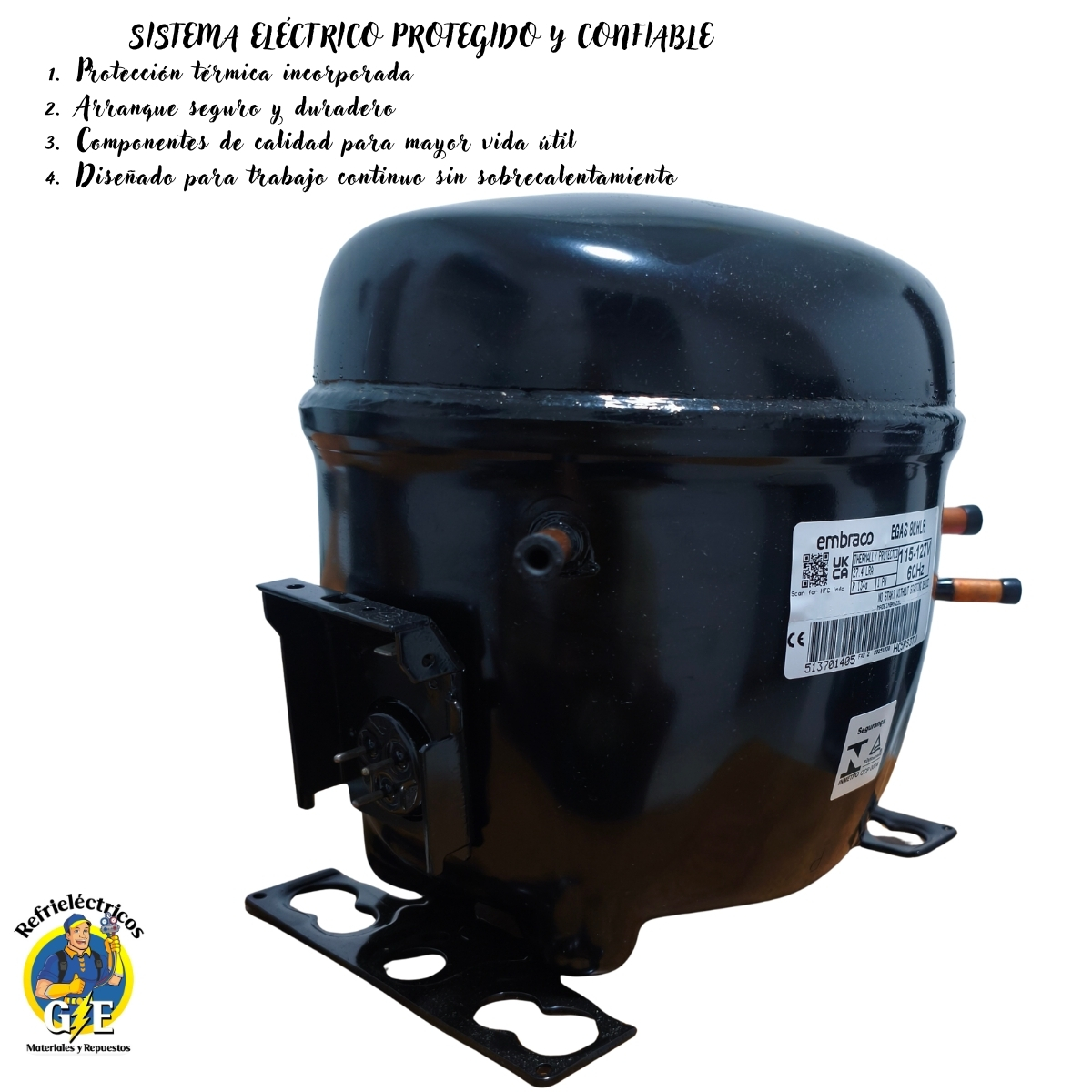 Compresor Nevera 1/4 HP Embraco Original - Motor de Refrigeración R134a 110V (Modelo EGAS 80HLR) - Imagen 3