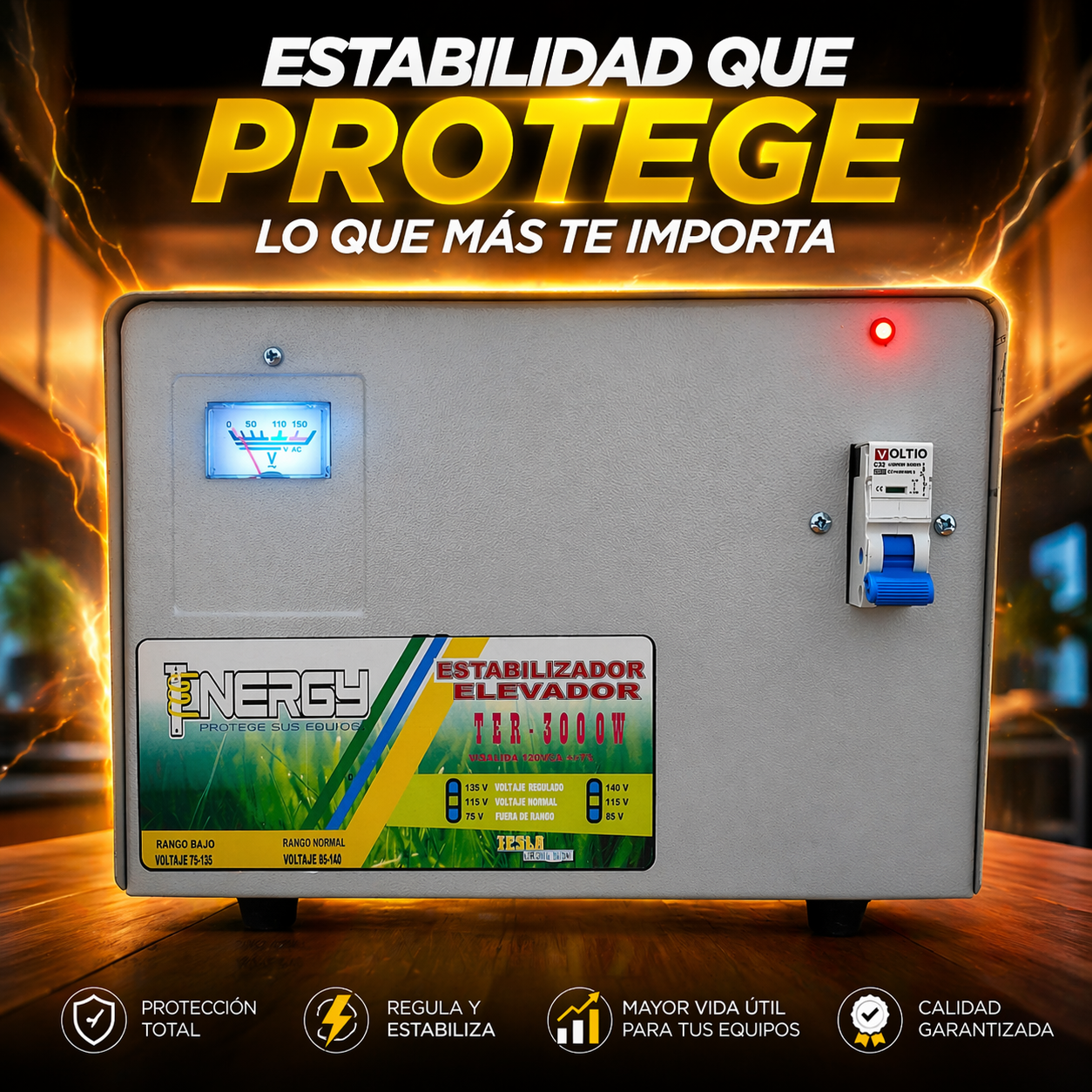 Estabilizador Elevador de Voltaje Tenergy 3000W - Protector Profesional para Neveras, Lavadoras y Hogar (Modelo TER-3000W)