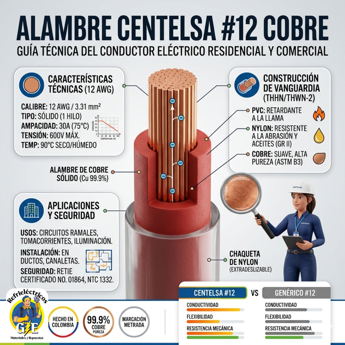 Alambre Eléctrico Centelsa #12 AWG - 100m THHN/THWN-2 (Original Nexans) blanco, rojo, verde y negro