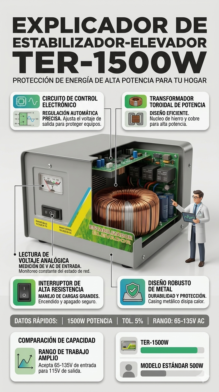 Estabilizador Elevador de Voltaje Tenergy 1500W – Protector de Voltaje Profesional para Neveras y Lavadoras (Modelo TER-1500W) - Imagen 13